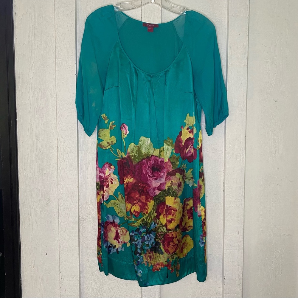 Monsoon Teal Floral 100% Silk Dress – UK 8 / US 4